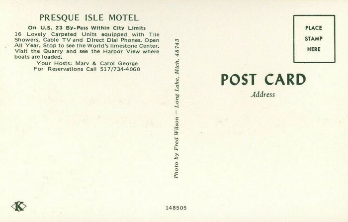 Presque Isles Huron Shore Motel (Presque Isle Motel) - Old Postcard Back (newer photo)
